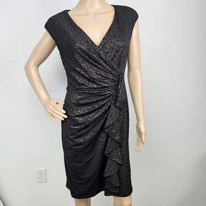 Evan-Picone Dress Black Label  Ruched Black/Gold Sz 6 Dark Romantic New Years